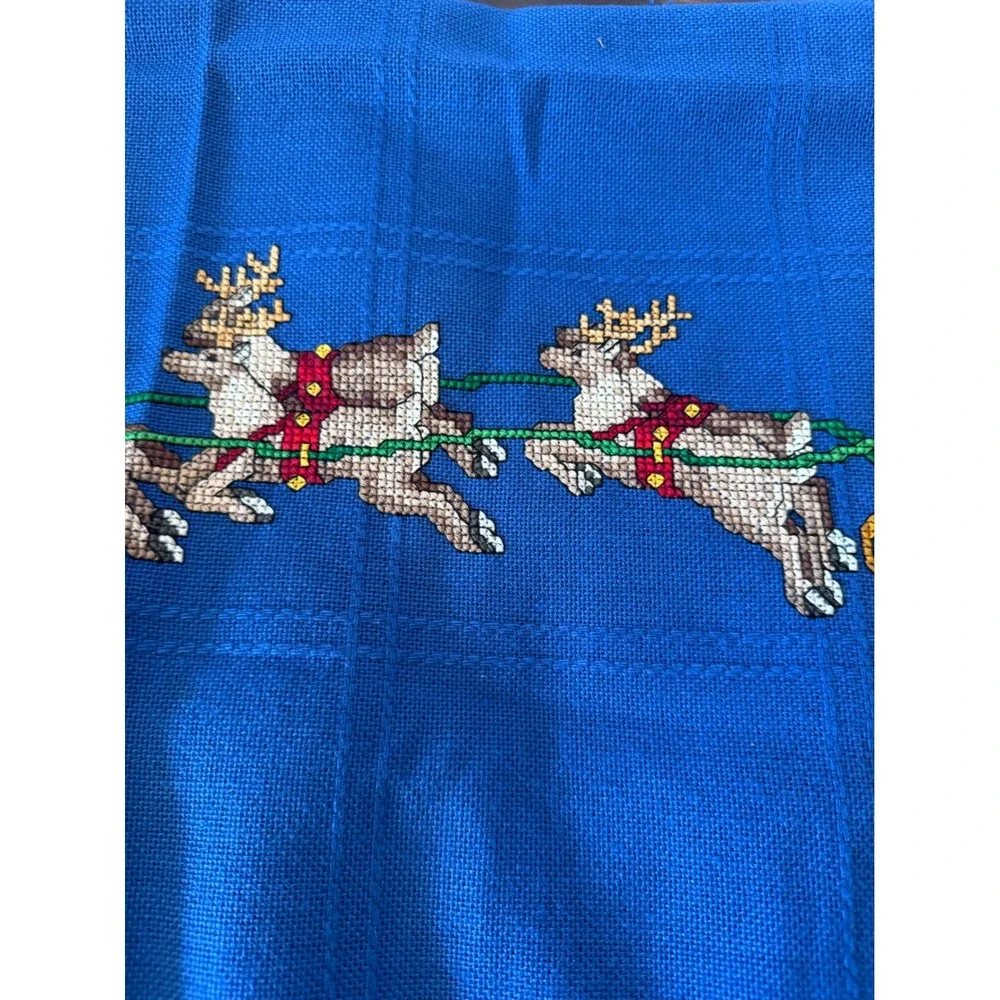 Vintage Christmas Santa Sleigh Reindeer Cross Stitch Blue Fringed Tablecloth